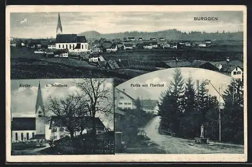 AK Burggen, Teilansicht, Kirche und Schulhaus, Strassenpartie mit Pfarrhof