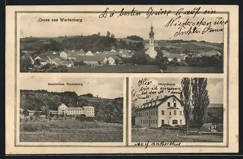 AK Wartenberg, Sanatorium mit Dépendance, Ortsansicht mit Kirche