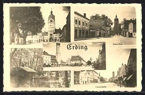 AK Erding, Schöner Turm, Strassenpartie, Marktplatz