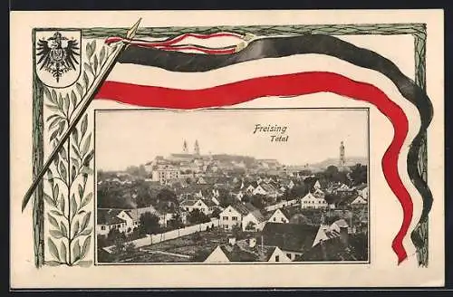 AK Freising, Totalansicht mit Strassenpartie, Wappen mit Fahne