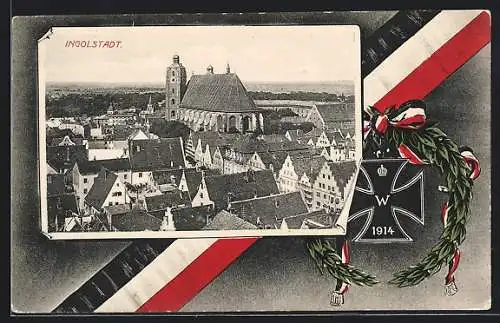 AK Ingolstadt, Teilansicht mit Kirche, Eisernes Kreuz und Kranz