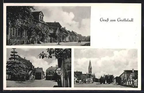 AK Grettstadt, Strassenpartien mit Reihenhäusern und Kirche