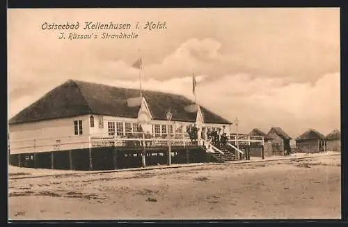 AK Kellenhusen i. Holstein, J. Rüssau`s Cafe Strandhalle mit Gruppenfoto