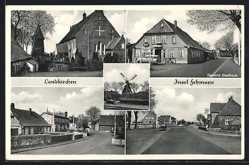 AK Landkirchen /Fehmarn, Die Kirche, Rauerts Gasthaus, Strassenpartie