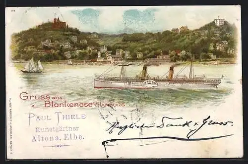 Lithographie Blankenese bei Hamburg, Elbpartie mit Dampfer