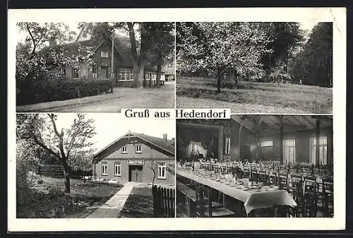 AK Hedendorf, Das Gasthaus zur Eiche mit Garten und Innenansicht, Inh. Johs. Dammann