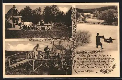AK Leutkirch-Rotis / Allgäu, Pferdekutsche, Mann und Frau mit ein paar Ziegen, Mann mit Ziegen im Schnee