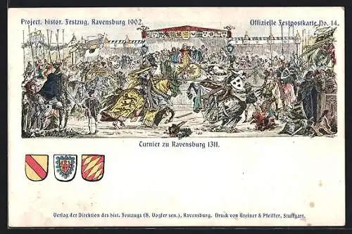 Lithographie Ravensburg, Project. histor. Festzug 1902, Turnier zu Ravensburg 1311, Wappen