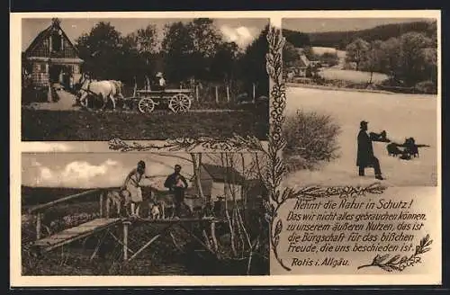 AK Leutkirch-Rotis i. Allgäu, Pferdekutsche vor einem Haus, Mann mit Ziegen im Schnee