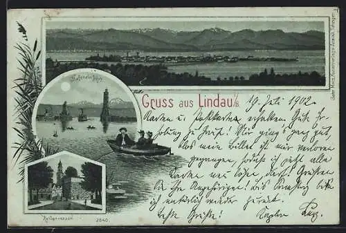 Mondschein-Lithographie Lindau i. B., Gesamtansicht am Wasser, Hafeneinfahrt, Heidenmauer