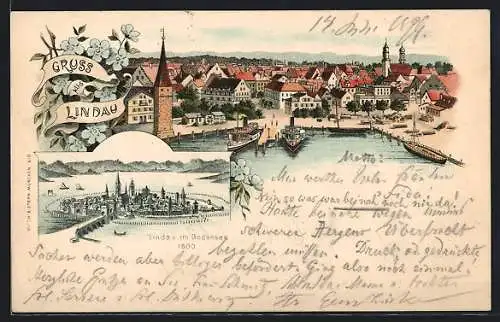 Lithographie Lindau, Dampfer im Hafen