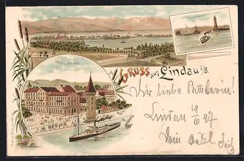 Lithographie Lindau i. B., Hotel Helvetia, Hafeneinfahrt, Ortsansicht aus der Vogelschau