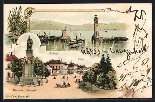 Lithographie Lindau i. B., Maximilians-Denkmal, Bahnhof, Postamt, Hafeneinfahrt mit Dampfer