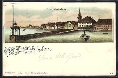 Lithographie Friedrichshafen, Teilansicht mit Dampfer