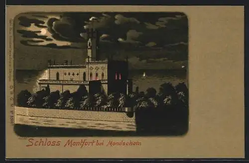 Mondschein-Lithographie Langenargen, Schloss Montfort in der Nacht