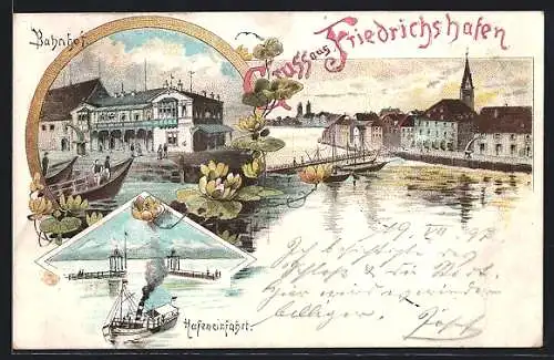 Lithographie Friedrichshafen, Bahnhof, Hafeneinfahrt, Panorama