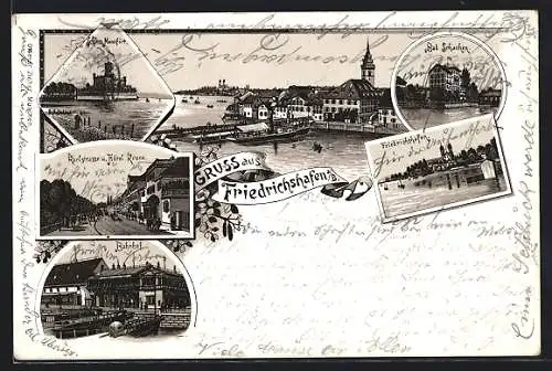 Lithographie Friedrichshafen, Bahnhof, Karlstrasse und Hotel Krone, Schloss Montfört