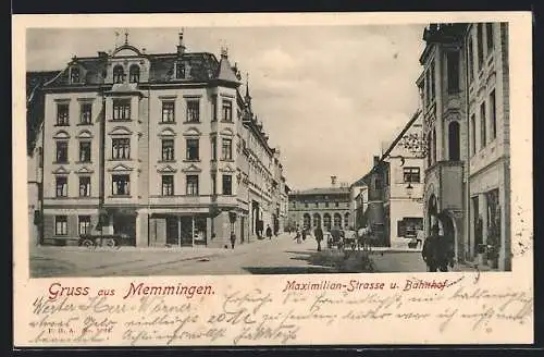 AK Memmingen, Maximilian-Strasse u. Bahnhof