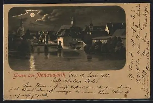 Mondschein-Lithographie Donauwörth, Ortsansicht vom Wasser aus