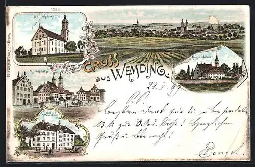 Lithographie Wemding, Wallfahrtskirche, Marktplatz, Wildbad, Kapuzinerkloster