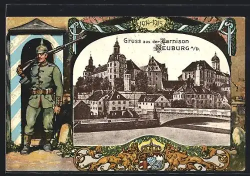 AK Neuburg a. D., Teilansicht mit Schloss, Soldat in Uniform