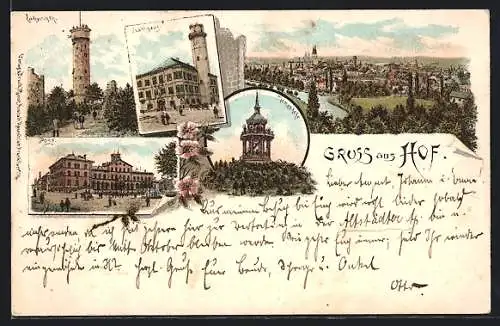 Lithographie Hof, Gesamtansicht, Labyrinth, Rathaus & Post