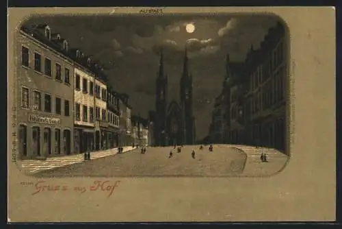 Mondschein-Lithographie Hof, Strassenpartie mit Conditorei-Café Heinrich Vogel