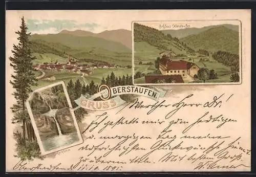 Vorläufer-Lithographie Oberstaufen, 1895, Schloss, Escherklamm, Ortsansicht