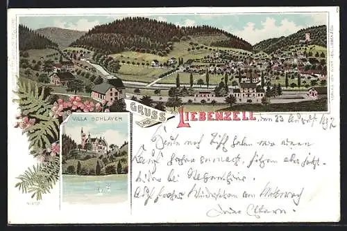 Lithographie Liebenzell, Panorama, Villa Schlayer