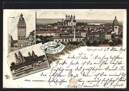 Lithographie Speyer, Ortsansicht mit Uhrturm, Hafenpartie