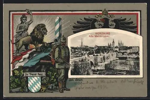 AK Würzburg, Alte Mainbrücke, Soldat in Uniform vor einem Löwen