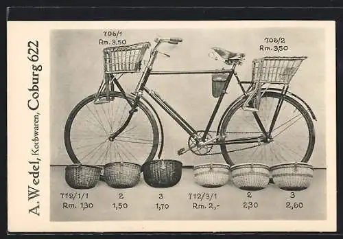 AK Coburg, Korbwarengeschäft A. Wedel, Fahrrad mit Körben