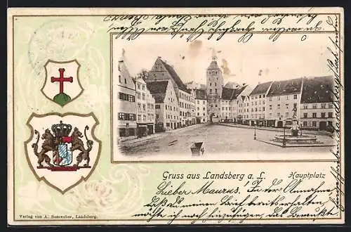 Passepartout-Lithographie Landsberg a. L., Hauptplatz mit Brunnen, Stadtwappen