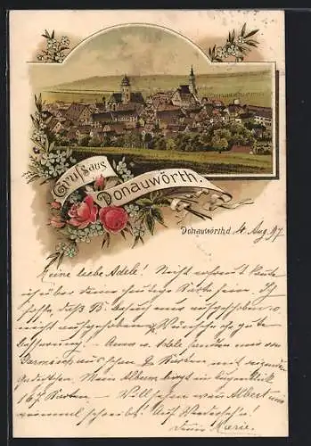 Lithographie Donauwörth, Ortsansicht mit Kirche, Rosen und Vergissmeinnicht