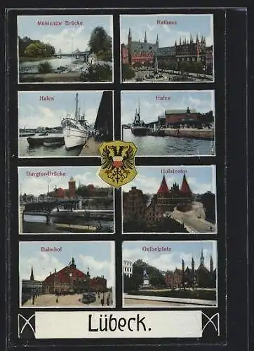 AK Lübeck, Hafen mit Dampfer, Bahnhof mit Strassenbahn, Holstentor