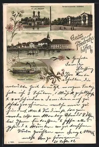 Lithographie Friedrichshafen, Bodensee Dampfer, Kurhaus, Kgl. Schloss