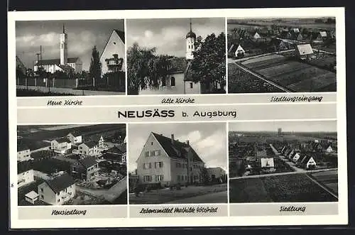 AK Neusäss b. Augsburg, Lebensmittel Mathilde Gätzfried, Neusiedlung, Neue Kirche