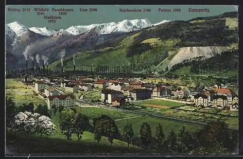 AK Donawitz, Teilansicht mit Fabriken, Bergpanorama mit Wildfeld, Reiting und Reichenstein