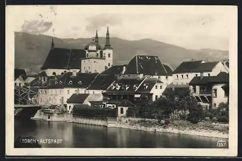 AK Leoben, Uferpartie mit Kirche in der Altstadt