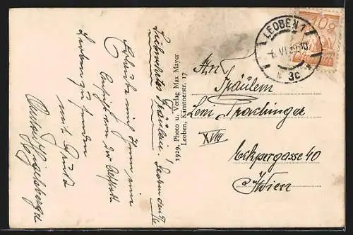 AK Leoben, Uferpartie mit Kirche in der Altstadt