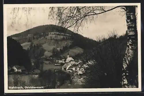 AK Waldbach, Ortsansicht mit Kirche, Blick auf Hügel