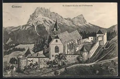 Künstler-AK Eisenerz, St. Oswald-Kirche mit Pfaffenstein