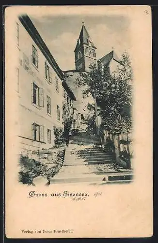 AK Eisenerz, Treppenaufgang zur Kirche