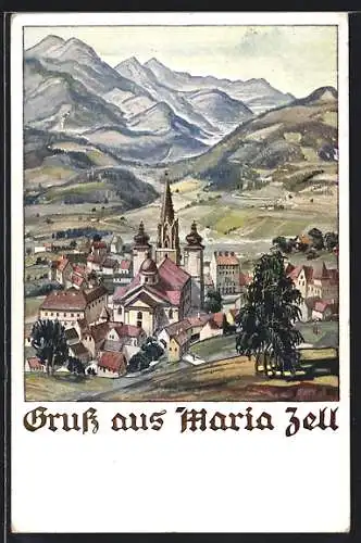 Künstler-AK Maria-Zell, Blick über den Ort gegen die Zellerhütte, Kirche