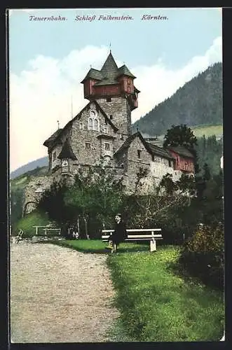 AK Obervellach, Schloss Falkenstein, Mann auf einer Bank