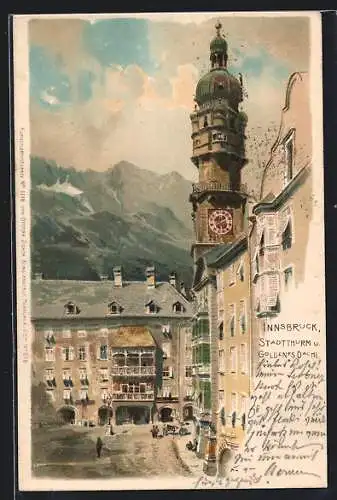 Künstler-AK Innsbruck, Stadtturm und Goldenes Dachl