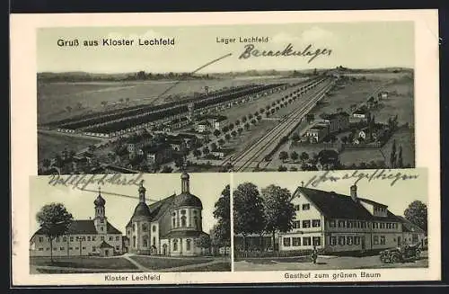 Lithographie Kloster Lechfeld, Gasthof zum grünen Baum A. Schneider, Kloster, Lager