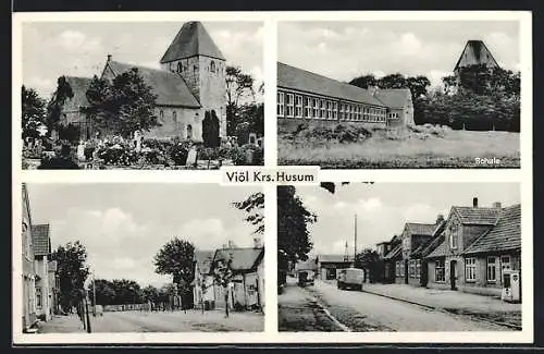 AK Viöl /Kr. Husum, Ortspartie mit Schule und Kirche