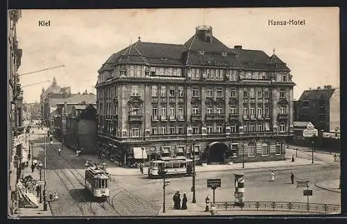 AK Kiel, Strassenbahnen vor dem Hansa-Hotel