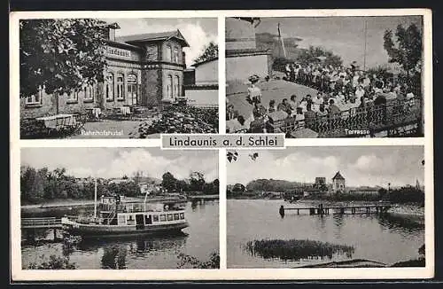 AK Lindaunis a. d. Schlei, Bahnhofshotel L. Kaiser mit Terrasse, Dampfer am Anleger